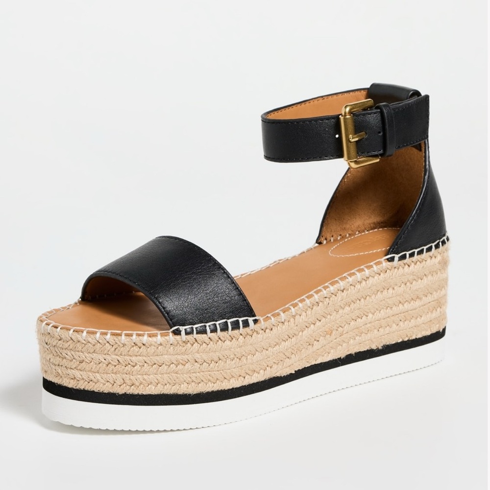 SEE BY CHLOÉ Glyn Flatform Espadrilles Black leather Platform sandal